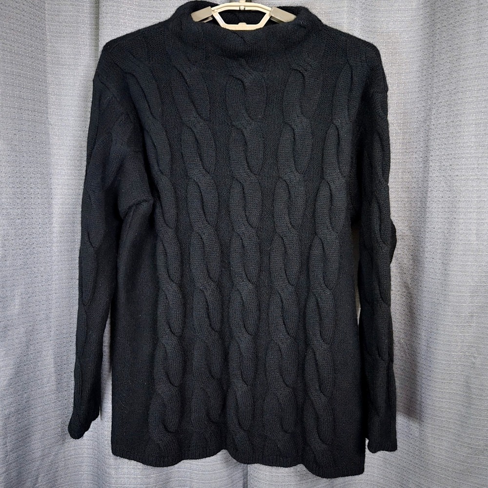 Vtg LL Bean Yak Hair Wool Cable Knit Sweater Womens M Black Mock Neck Fisherman